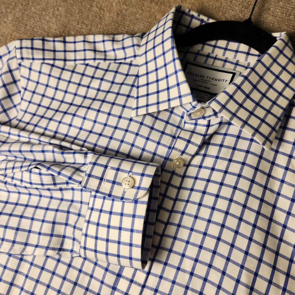 Charles‎ Tyrwhitt Dress Shirt Mens 15.5/34 Blue White Check Slim Fit Non-Iron